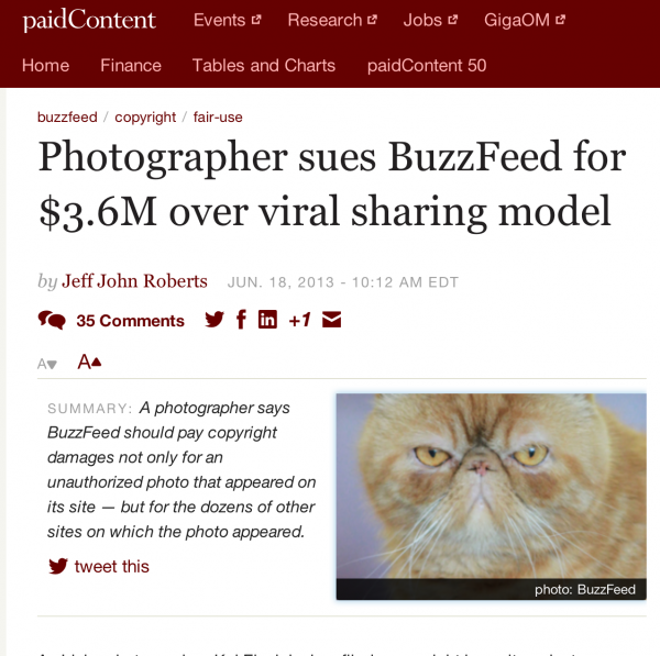 Click on the photo to follow a link to the article regarding BuzzFeed's illegal photo use as reported by PaidContent.