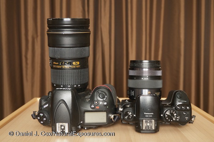 On the left is my Nikon D800 with a 24-70mm F/2.8 lens. On th right is the Lumix GH3 with a 12-35mm F/2.8 which is the equivalent to the same lens on the Nikon.