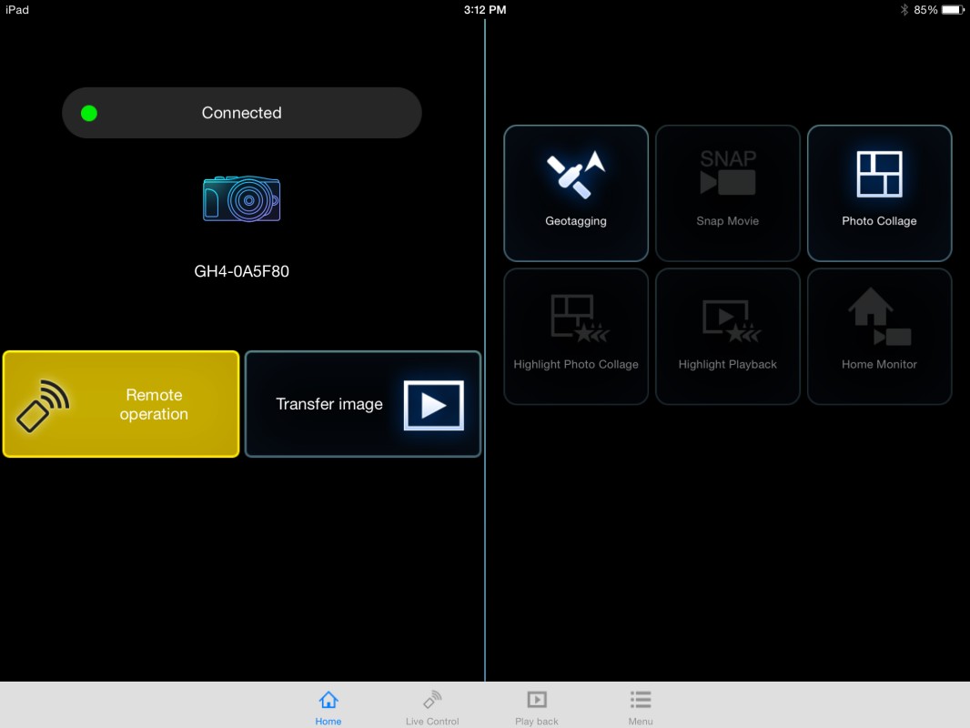 This is the opening screen of the Panasonic Image App. Notice you can access the camera for remote operation as well as transfer images and movies over to your iPad or iPhone to easily post to social media outlets.