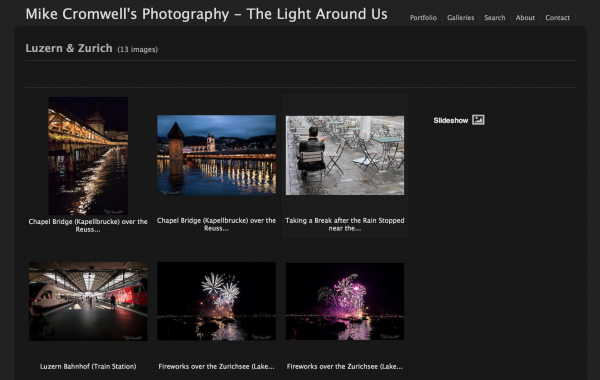 Case in point, as I was writing this Blog entry a good friend and Natural Exposure's Explorer sent me a gallery of photos from a recent trip he took to Zurich.  This screen shot if from Mike's PhotoShelter gallery. Read below for a quote from him on the Micro Four thirds, Panasonic Lumix GX1. 