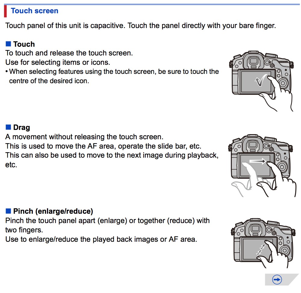 A screen shot of the GH3's manual highlighting the touch screen option,