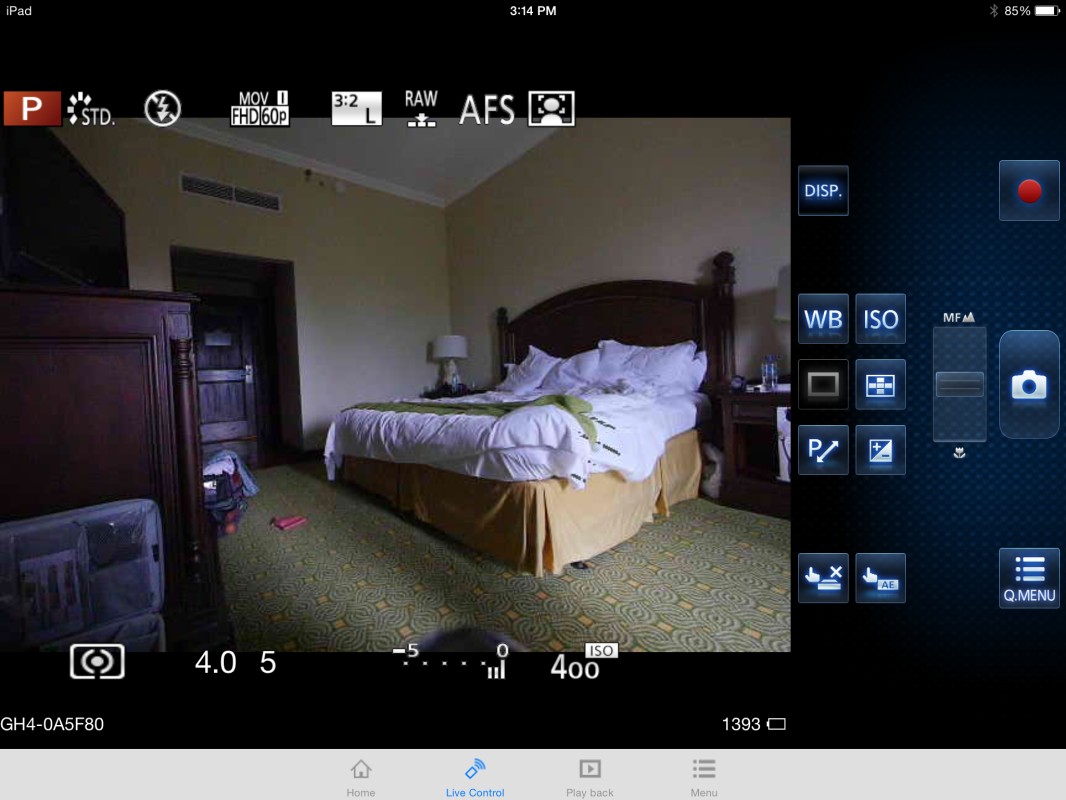 A screen shot of the GH4 being remotely controlled from my Apple iPad via Panasonic Image App. Notice all the controls you can change. Really a nice app.