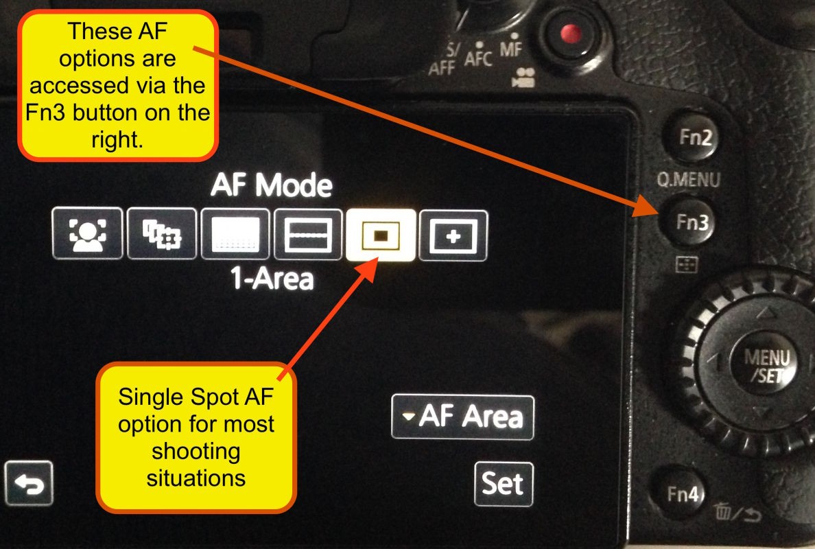 The Fn3 button to the right of the LCD is for changing the numerous different AF zone options. I generally use my GH4's on the single AF spot which can be enlarged or reduced in size at will. The others I sometimes use, especially the face AF option when I'm shooting events with people in them.
