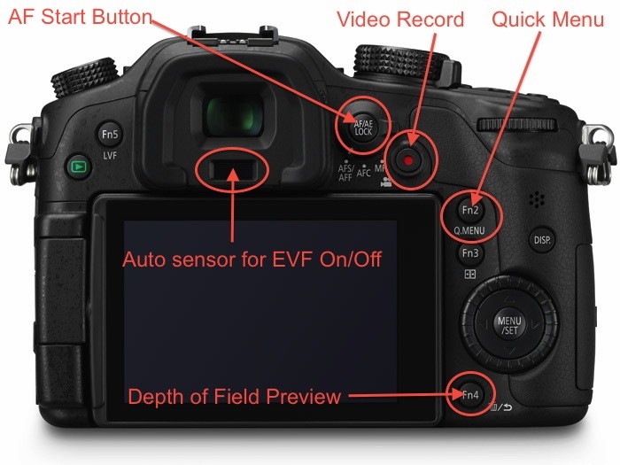 Back side of the GH3 with it's specific controls such as AF Start, Depth of Field Preview, Video Record and others.