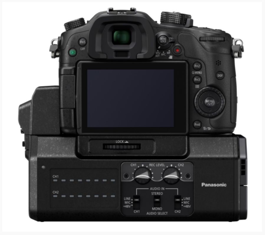 Panasonic DMW-YAGH Pro Audio Video Interface attached to the bottom of a Lumix GH4.