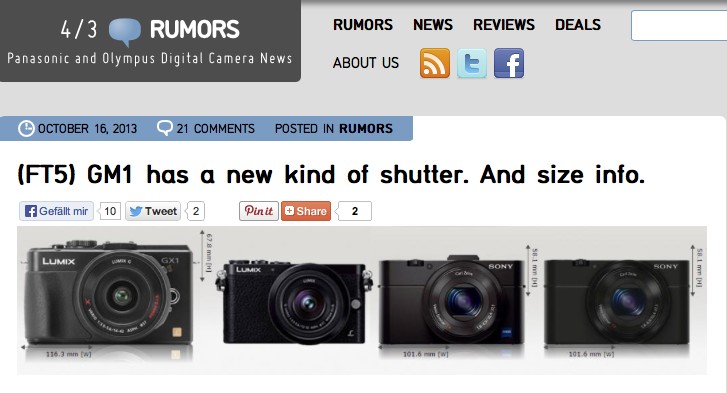 This image from 43Rumors shows the new GM1 size difference comaprted to the GX1. The GX1 is incredably small so the GM1 is hard to believe. I'm wondering if it may be too small. We shall see. 
