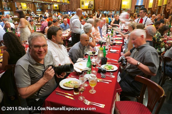The Natural Exposures crew finishes up dinner for the start of the tango dancing. Lumix LX100, ISO 125