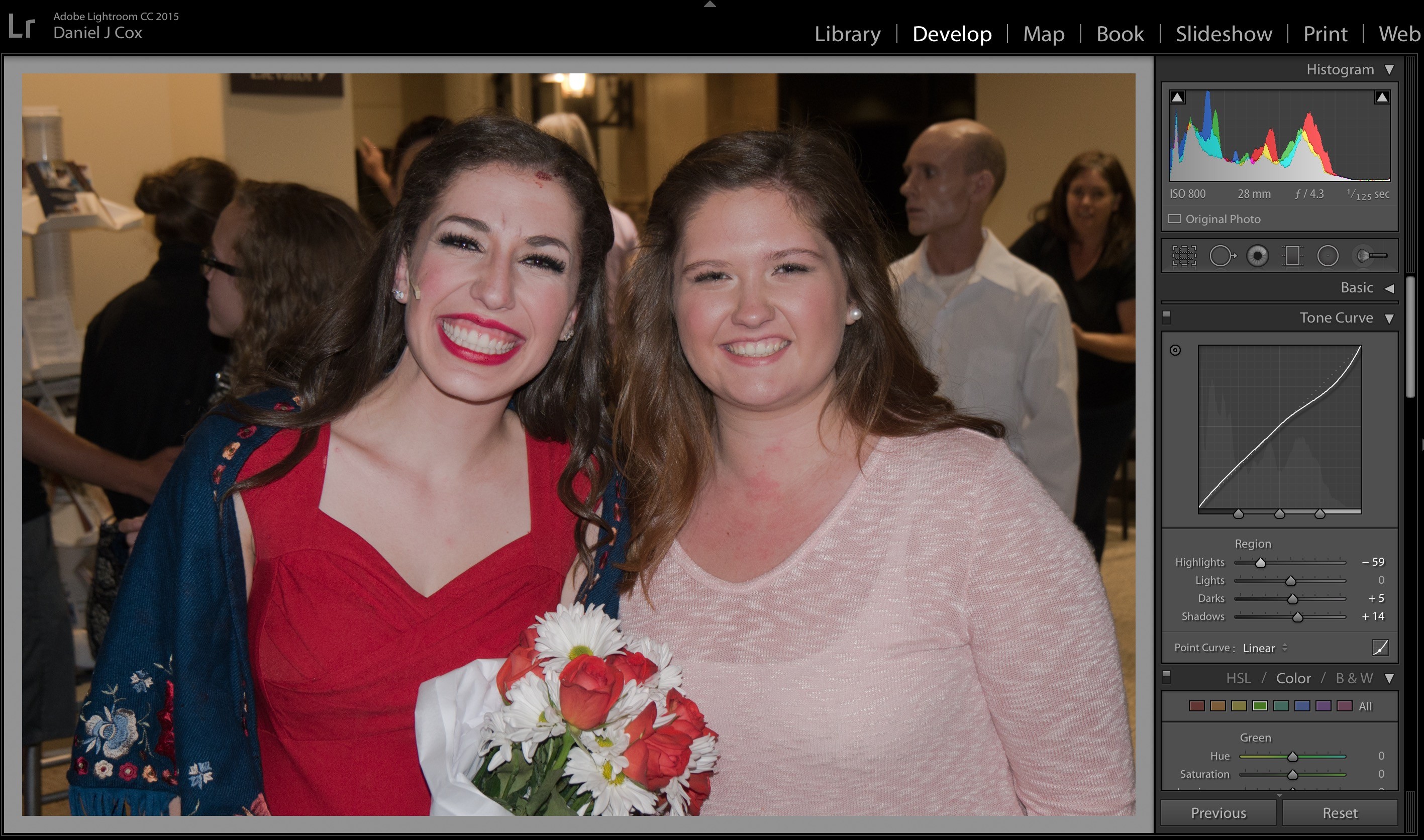 Olivia with her girlfriend after the play. Notice the perfect histogram. All dark tones are to the right of the left goal post. All light tones are to the left of the right goal post. In other words all tines from black to white are contained between the goal posts. 