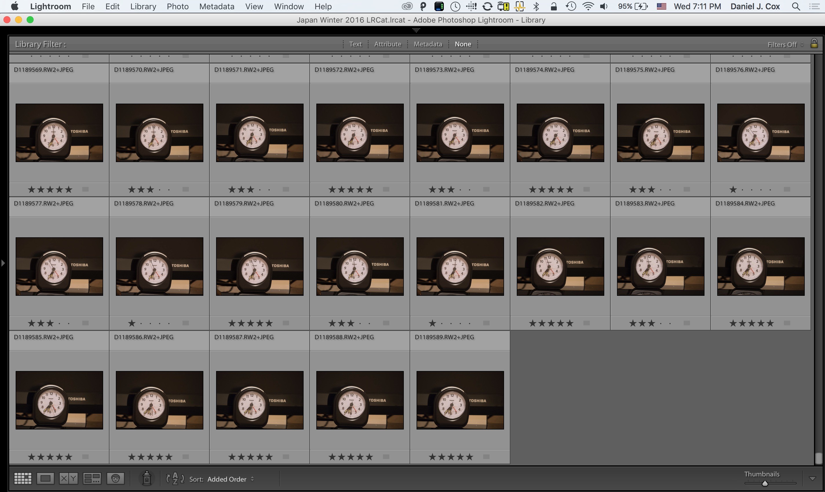 Screen shot showing Star Ratings within Lightroom. 5 Stars perfect focus, 3 Stars acceptable focus in a pinch. 1 Star totally unacceptable. 