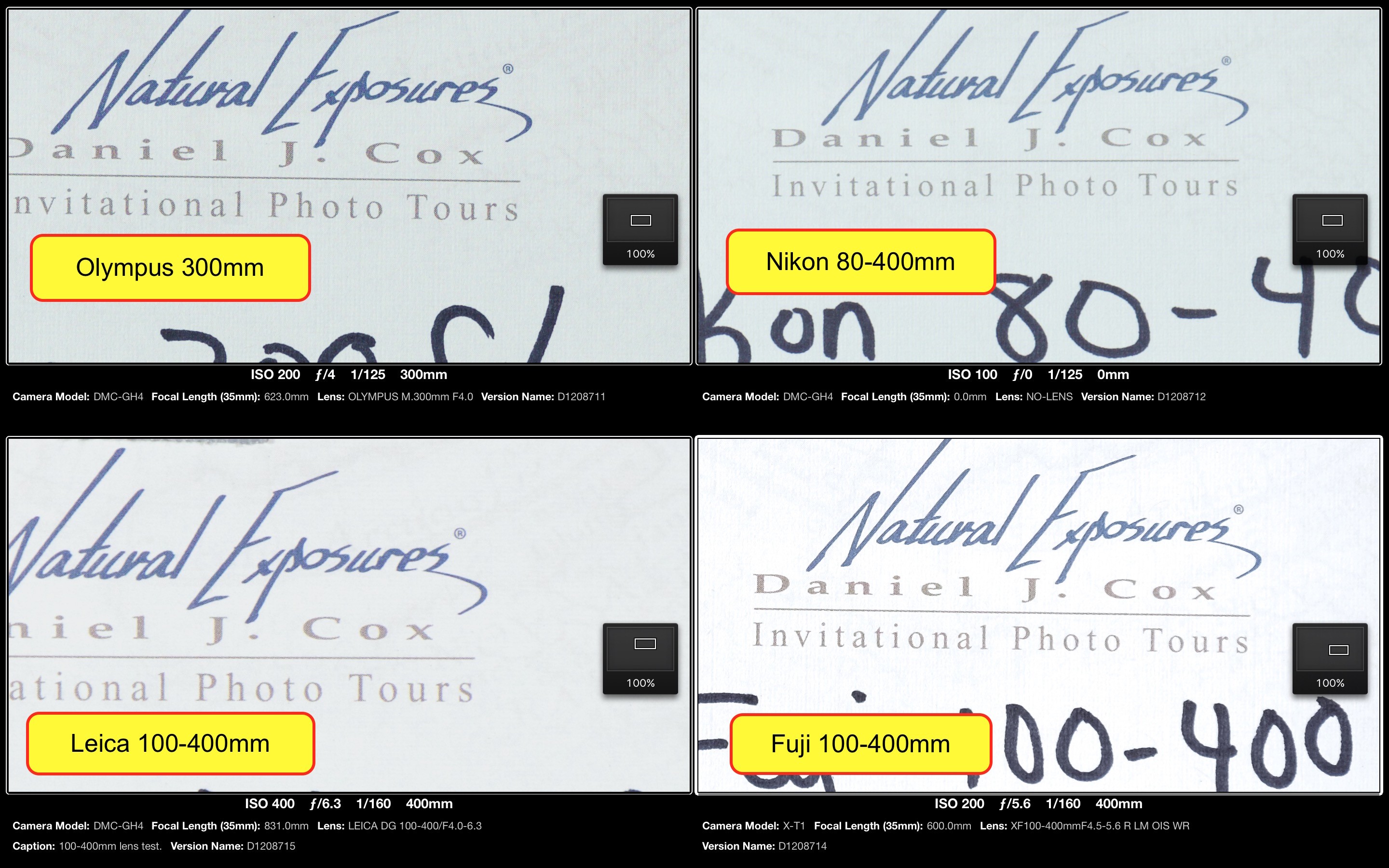 Screen shot of all four lenses which included Olympus 300mm, Nikkor 80-400mm, Leica 100-400mm and Fuji 100-400mm. Viewed in Apple's Aperture with no sharpening added. 