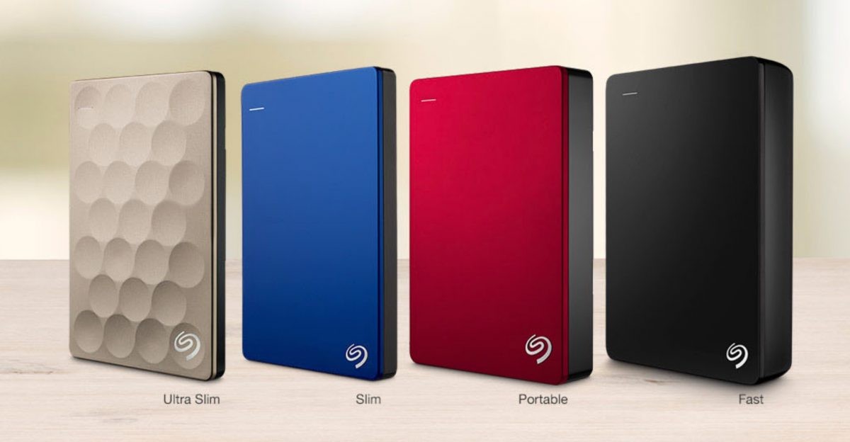 A product image from Seagate's web site showing the 4TB I use on my Mylio drive on the far left. The 1TB smaller drive for storing my originals is the blue drive second one from the left. 