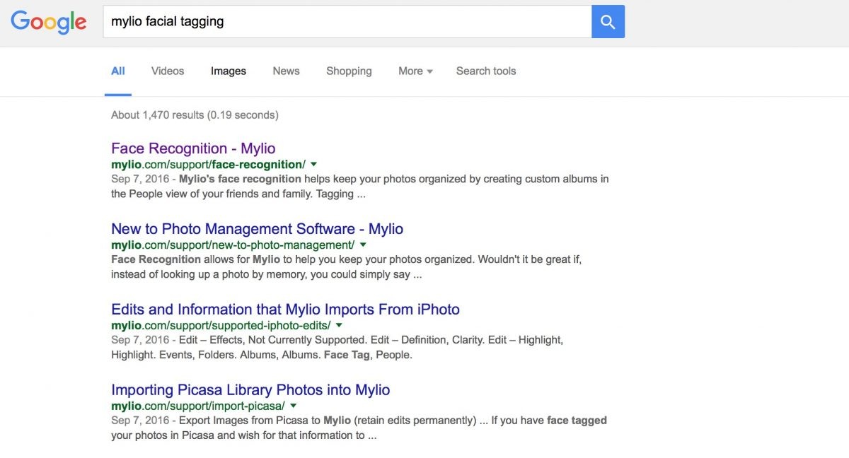 A simple Google Search of up "Mylio facial tagging" brought up Face–Recognition Mylio