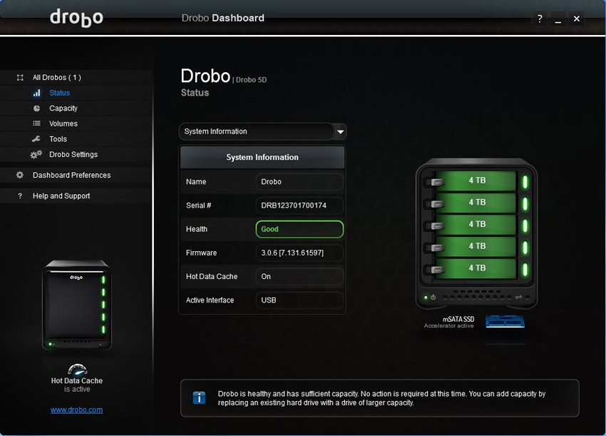 Highly functional, easy to read Drobo Dashboard with lots of information about the status of your hard drives, space available, etc. This is one of the main reasons I prefer Drobo products tool the others on the market. You don't have to be in IT to set them up or find out what is going on within the Drobo system.