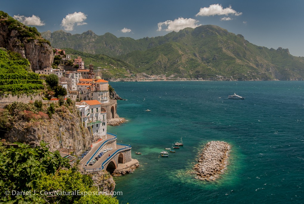 Looking down on to the rocky coast of Positano, Italy.