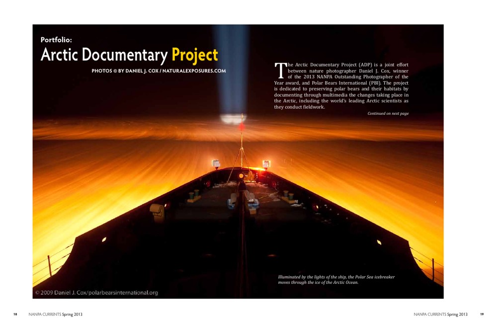 Opening spread of the Arctic Documentary Project story in NANPA Currents, Spring 2013