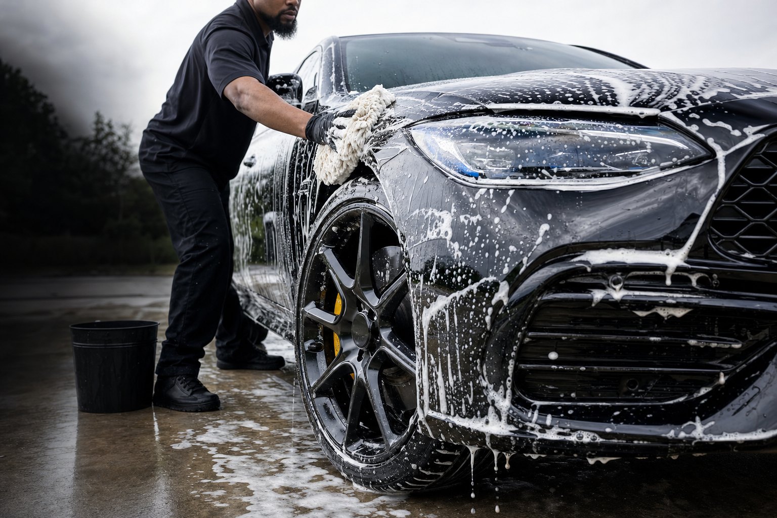 Detailer hand-washing a black vehicle